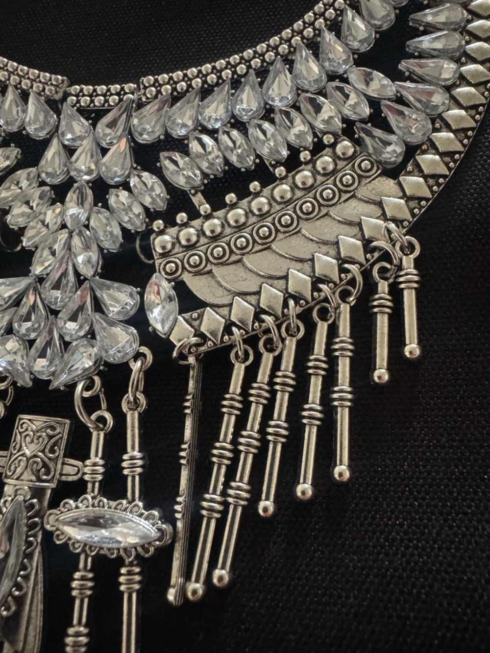 Silver Crystal Fringe Statement Necklace - Women Jewelry - Picture 6 of 13